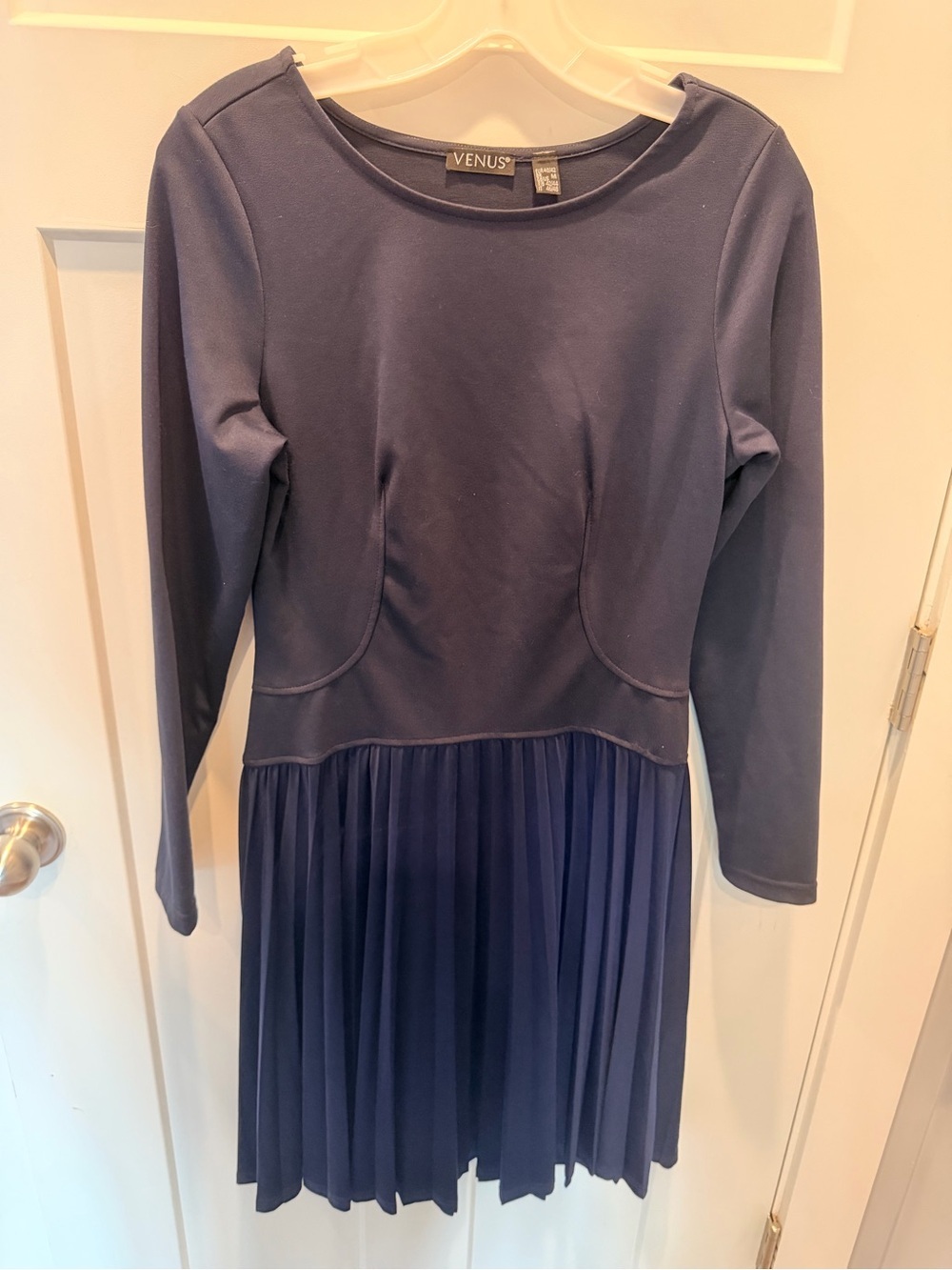 Venus Medium Navy Long Sleeve Pleated Fit & Flare Dress
